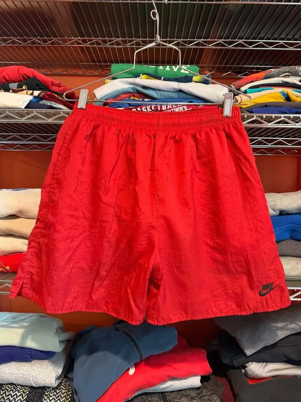 Vintage 90s Nike Red Nylon Windbreaker Shorts with Big Swoosh Mens Medium